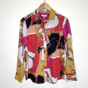 Foxcroft Luna Buckle Scarf Print Equestrian Top Womens 6 Button Up Long Sleeve